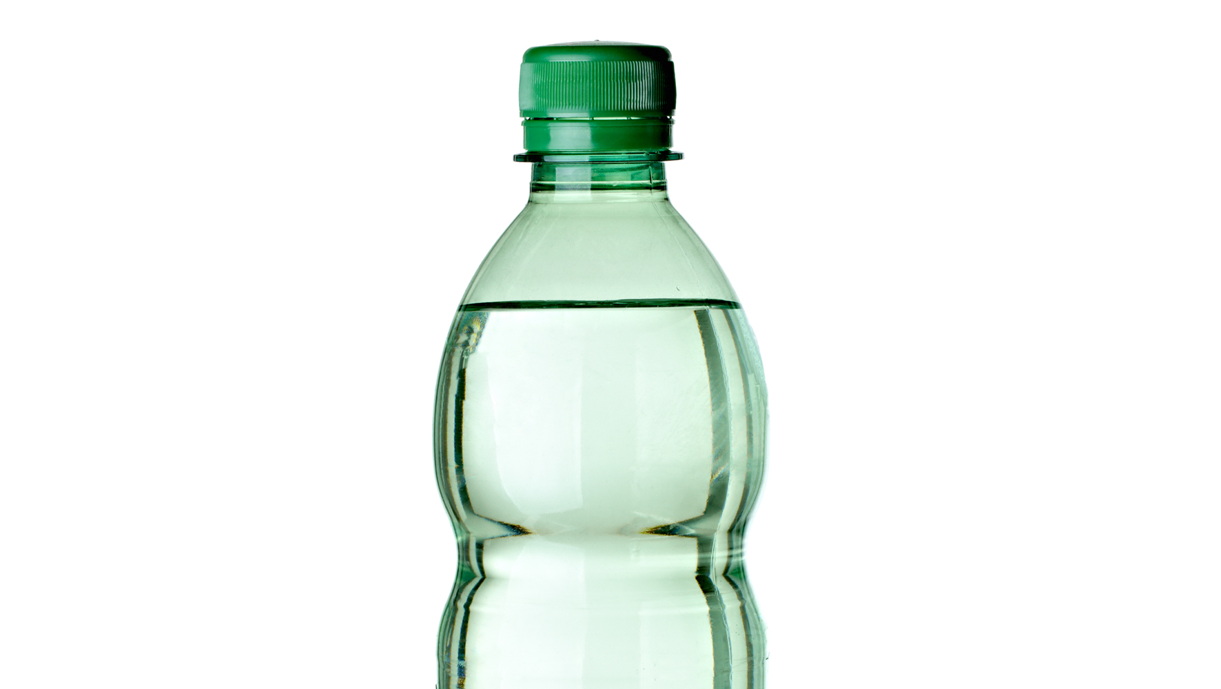 clear water bottle made of PET plastic with green cap