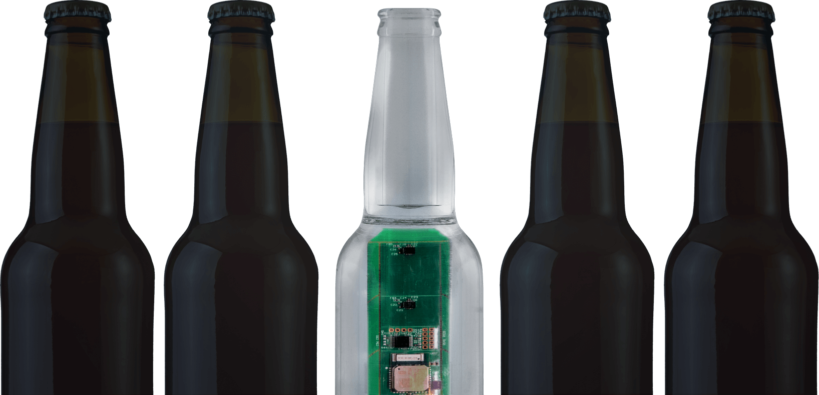 Row of glass bottles with ShockQC in a clear glass bottle in the middle