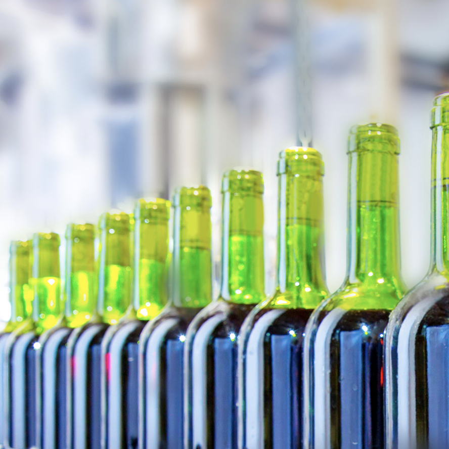 wine bottles on packaging line