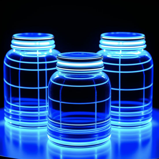sensor enabled containers Futuristic representation of Masitek Smart Sensors in small glass jars with glowing blue lines