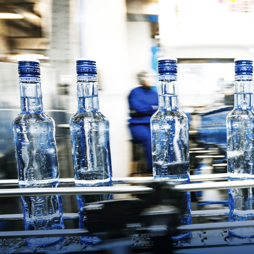 spirits bottles on packaging line