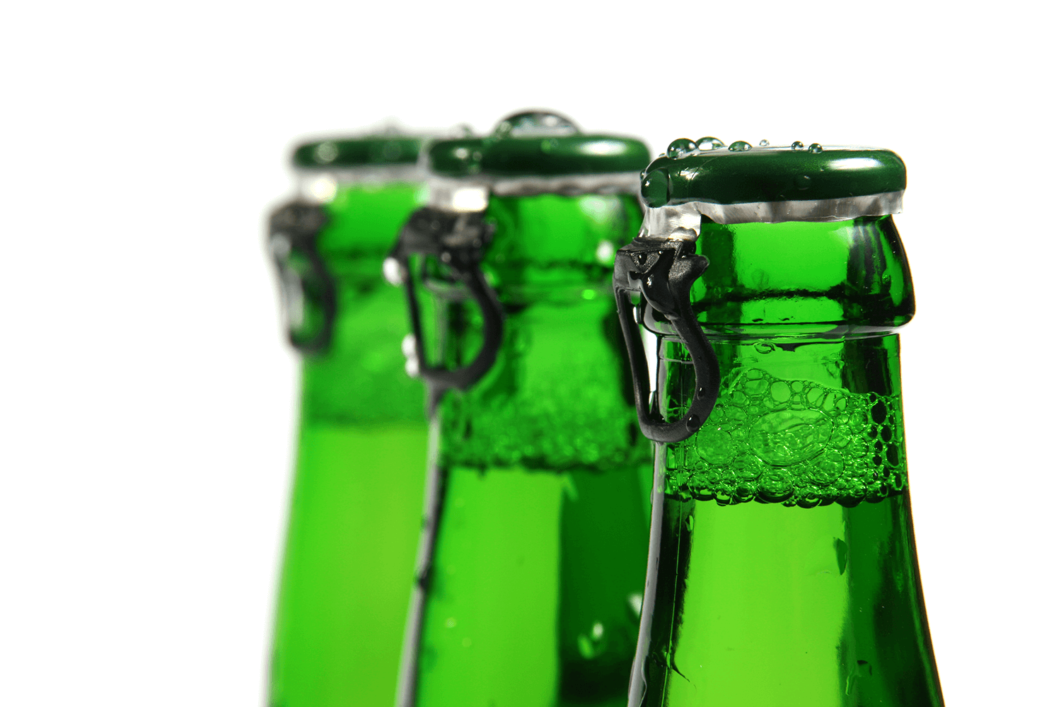 Necks of 3 green beer bottles in a row